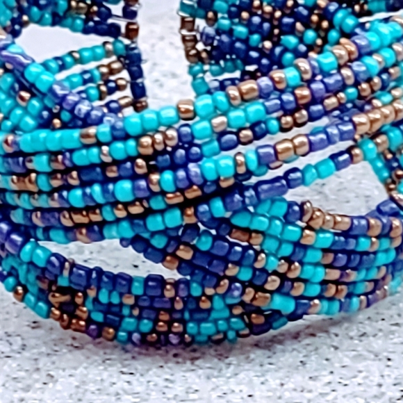 VINTAGE BOHEMIAN WESTERN TURQUOISE, PURPLE AND GOLD SEED BEAD WRAP BRACELET - Picture 7 of 8